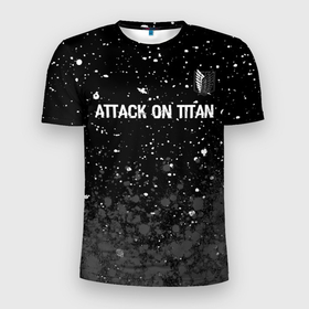 Мужская футболка 3D Slim с принтом Attack on Titan glitch на темном фоне: символ сверху в Екатеринбурге, 100% полиэстер с улучшенными характеристиками | приталенный силуэт, круглая горловина, широкие плечи, сужается к линии бедра | Тематика изображения на принте: 