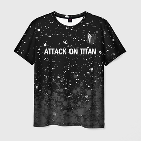 Мужская футболка 3D с принтом Attack on Titan glitch на темном фоне: символ сверху в Новосибирске, 100% полиэфир | прямой крой, круглый вырез горловины, длина до линии бедер | 