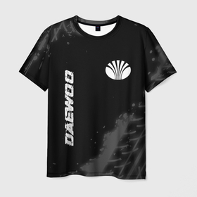 Мужская футболка 3D с принтом Daewoo speed на темном фоне со следами шин: надпись, символ в Курске, 100% полиэфир | прямой крой, круглый вырез горловины, длина до линии бедер | 