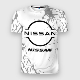 Мужская футболка 3D Slim с принтом Nissan speed на светлом фоне со следами шин в Петрозаводске, 100% полиэстер с улучшенными характеристиками | приталенный силуэт, круглая горловина, широкие плечи, сужается к линии бедра | 