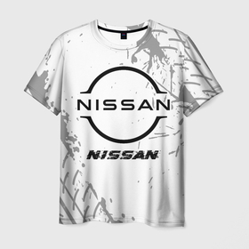 Мужская футболка 3D с принтом Nissan speed на светлом фоне со следами шин в Курске, 100% полиэфир | прямой крой, круглый вырез горловины, длина до линии бедер | 