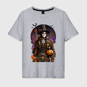 Мужская футболка хлопок Oversize с принтом Скелет в стиле стимпанк   хэллоуин в Кировске, 100% хлопок | свободный крой, круглый ворот, “спинка” длиннее передней части | Тематика изображения на принте: 