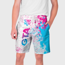 Мужские шорты 3D с принтом GTA neon gradient style: по вертикали ,  полиэстер 100% | прямой крой, два кармана без застежек по бокам. Мягкая трикотажная резинка на поясе, внутри которой широкие завязки. Длина чуть выше колен | 