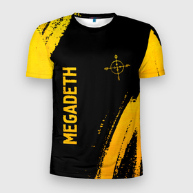 Мужская футболка 3D Slim с принтом Megadeth   gold gradient: надпись, символ , 100% полиэстер с улучшенными характеристиками | приталенный силуэт, круглая горловина, широкие плечи, сужается к линии бедра | Тематика изображения на принте: 