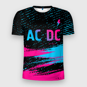 Мужская футболка 3D Slim с принтом AC DC   neon gradient: символ сверху в Курске, 100% полиэстер с улучшенными характеристиками | приталенный силуэт, круглая горловина, широкие плечи, сужается к линии бедра | Тематика изображения на принте: 