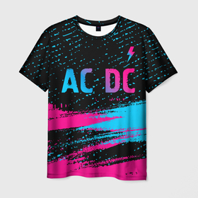 Мужская футболка 3D с принтом AC DC   neon gradient: символ сверху в Курске, 100% полиэфир | прямой крой, круглый вырез горловины, длина до линии бедер | Тематика изображения на принте: 