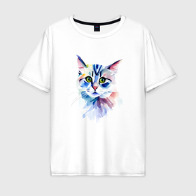 Мужская футболка хлопок Oversize с принтом Акварельный волшебный котик в Екатеринбурге, 100% хлопок | свободный крой, круглый ворот, “спинка” длиннее передней части | 