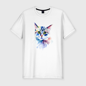 Мужская футболка хлопок Slim с принтом Акварельный волшебный котик в Белгороде, 92% хлопок, 8% лайкра | приталенный силуэт, круглый вырез ворота, длина до линии бедра, короткий рукав | 
