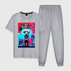 Мужская пижама хлопок с принтом Funny skeleton   pop art   pixels halloween в Белгороде, 100% хлопок | брюки и футболка прямого кроя, без карманов, на брюках мягкая резинка на поясе и по низу штанин
 | Тематика изображения на принте: 