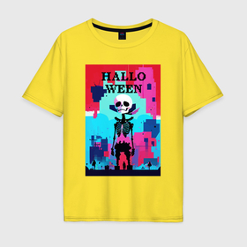 Мужская футболка хлопок Oversize с принтом Funny skeleton   pop art   pixels halloween в Белгороде, 100% хлопок | свободный крой, круглый ворот, “спинка” длиннее передней части | 