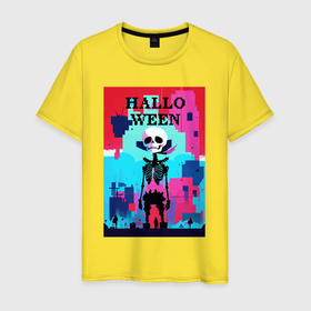 Мужская футболка хлопок с принтом Funny skeleton   pop art   pixels halloween в Белгороде, 100% хлопок | прямой крой, круглый вырез горловины, длина до линии бедер, слегка спущенное плечо. | Тематика изображения на принте: 