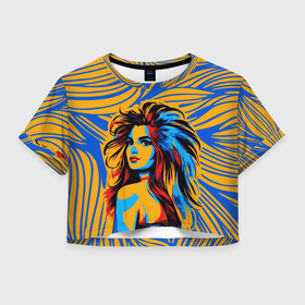 Женская футболка Crop-top 3D с принтом Цветная абстракция с портретом в Екатеринбурге, 100% полиэстер | круглая горловина, длина футболки до линии талии, рукава с отворотами | 