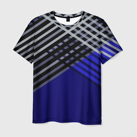 Мужская футболка 3D с принтом Белые и серые полосы на синем фоне в Кировске, 100% полиэфир | прямой крой, круглый вырез горловины, длина до линии бедер | 
