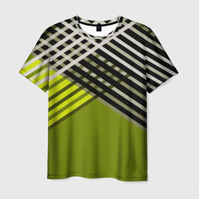 Мужская футболка 3D с принтом Косые черно белые полосы на оливковом фоне в Белгороде, 100% полиэфир | прямой крой, круглый вырез горловины, длина до линии бедер | 