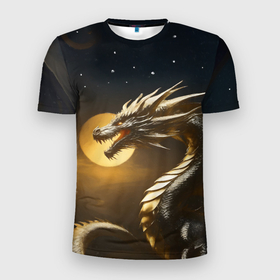 Мужская футболка 3D Slim с принтом Фантастический золотой дракон в Екатеринбурге,  |  | Тематика изображения на принте: 