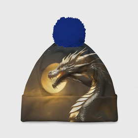 Шапка 3D c помпоном с принтом Фантастический золотой дракон , 100% полиэстер | универсальный размер, печать по всей поверхности изделия | 