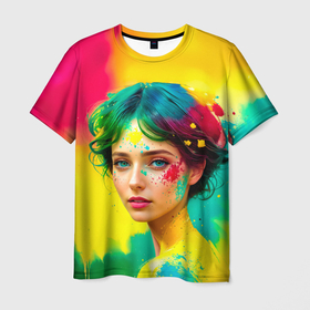 Мужская футболка 3D с принтом Девушка с зелёными глазами в брызгах краски , 100% полиэфир | прямой крой, круглый вырез горловины, длина до линии бедер | Тематика изображения на принте: 