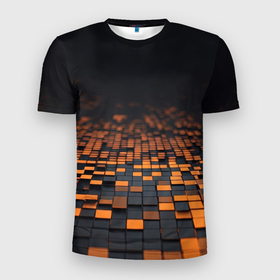 Мужская футболка 3D Slim с принтом Черные и оранжевые пиксели , 100% полиэстер с улучшенными характеристиками | приталенный силуэт, круглая горловина, широкие плечи, сужается к линии бедра | 