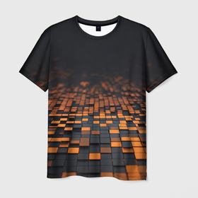 Мужская футболка 3D с принтом Черные и оранжевые пиксели в Новосибирске, 100% полиэфир | прямой крой, круглый вырез горловины, длина до линии бедер | 