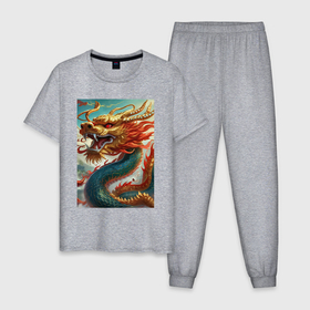 Мужская пижама хлопок с принтом Дракон из под небесной в Санкт-Петербурге, 100% хлопок | брюки и футболка прямого кроя, без карманов, на брюках мягкая резинка на поясе и по низу штанин
 | 