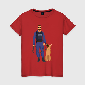 Женская футболка хлопок с принтом Полицейский с собакой , 100% хлопок | прямой крой, круглый вырез горловины, длина до линии бедер, слегка спущенное плечо | 