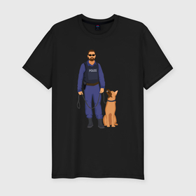 Мужская футболка хлопок Slim с принтом Полицейский с собакой , 92% хлопок, 8% лайкра | приталенный силуэт, круглый вырез ворота, длина до линии бедра, короткий рукав | 