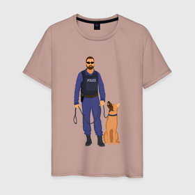 Мужская футболка хлопок с принтом Полицейский с собакой , 100% хлопок | прямой крой, круглый вырез горловины, длина до линии бедер, слегка спущенное плечо. | 