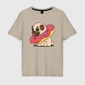 Мужская футболка хлопок Oversize с принтом Мопс в пончике , 100% хлопок | свободный крой, круглый ворот, “спинка” длиннее передней части | Тематика изображения на принте: 