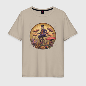 Мужская футболка хлопок Oversize с принтом джентельмен и грибы в Новосибирске, 100% хлопок | свободный крой, круглый ворот, “спинка” длиннее передней части | 