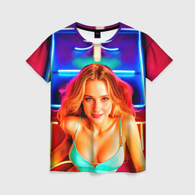 Женская футболка 3D с принтом Девушка на фоне неонового логотипа в Екатеринбурге, 100% полиэфир ( синтетическое хлопкоподобное полотно) | прямой крой, круглый вырез горловины, длина до линии бедер | 