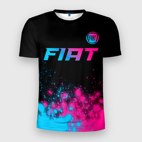 Мужская футболка 3D Slim с принтом Fiat   neon gradient: символ сверху в Петрозаводске, 100% полиэстер с улучшенными характеристиками | приталенный силуэт, круглая горловина, широкие плечи, сужается к линии бедра | 