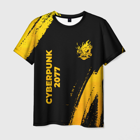 Мужская футболка 3D с принтом Cyberpunk 2077   gold gradient: надпись, символ в Новосибирске, 100% полиэфир | прямой крой, круглый вырез горловины, длина до линии бедер | Тематика изображения на принте: 