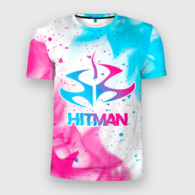 Мужская футболка 3D Slim с принтом Hitman neon gradient style в Тюмени, 100% полиэстер с улучшенными характеристиками | приталенный силуэт, круглая горловина, широкие плечи, сужается к линии бедра | Тематика изображения на принте: 