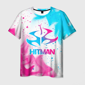 Мужская футболка 3D с принтом Hitman neon gradient style в Тюмени, 100% полиэфир | прямой крой, круглый вырез горловины, длина до линии бедер | Тематика изображения на принте: 