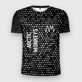 Мужская футболка 3D Slim с принтом Arctic Monkeys glitch на темном фоне: надпись, символ в Петрозаводске, 100% полиэстер с улучшенными характеристиками | приталенный силуэт, круглая горловина, широкие плечи, сужается к линии бедра | 