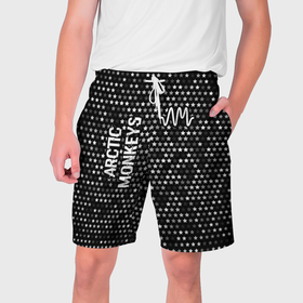 Мужские шорты 3D с принтом Arctic Monkeys glitch на темном фоне: надпись, символ ,  полиэстер 100% | прямой крой, два кармана без застежек по бокам. Мягкая трикотажная резинка на поясе, внутри которой широкие завязки. Длина чуть выше колен | 