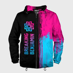 Мужская ветровка 3D с принтом Breaking Benjamin   neon gradient: по вертикали в Новосибирске, 100% полиэстер | подол и капюшон оформлены резинкой с фиксаторами, два кармана без застежек по бокам, один потайной карман на груди | 