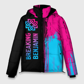 Мужская зимняя куртка 3D с принтом Breaking Benjamin   neon gradient: по вертикали в Новосибирске, верх — 100% полиэстер; подкладка — 100% полиэстер; утеплитель — 100% полиэстер | длина ниже бедра, свободный силуэт Оверсайз. Есть воротник-стойка, отстегивающийся капюшон и ветрозащитная планка. 

Боковые карманы с листочкой на кнопках и внутренний карман на молнии. | Тематика изображения на принте: 