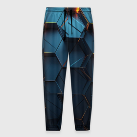 Мужские брюки 3D с принтом Синие объемные плиты с оранжевыми вставками в Санкт-Петербурге, 100% полиэстер | манжеты по низу, эластичный пояс регулируется шнурком, по бокам два кармана без застежек, внутренняя часть кармана из мелкой сетки | 