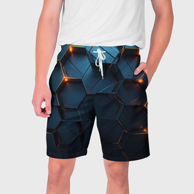 Мужские шорты 3D с принтом Синие объемные плиты с оранжевыми вставками в Новосибирске,  полиэстер 100% | прямой крой, два кармана без застежек по бокам. Мягкая трикотажная резинка на поясе, внутри которой широкие завязки. Длина чуть выше колен | 