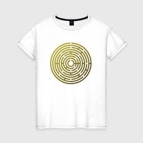 Женская футболка хлопок с принтом круглый золотой лабиринт в Петрозаводске, 100% хлопок | прямой крой, круглый вырез горловины, длина до линии бедер, слегка спущенное плечо | 