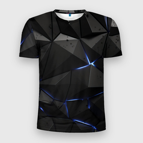 Мужская футболка 3D Slim с принтом Черные плиты с синим свечением в Курске, 100% полиэстер с улучшенными характеристиками | приталенный силуэт, круглая горловина, широкие плечи, сужается к линии бедра | 