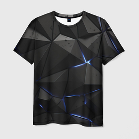 Мужская футболка 3D с принтом Черные плиты с синим свечением в Петрозаводске, 100% полиэфир | прямой крой, круглый вырез горловины, длина до линии бедер | 
