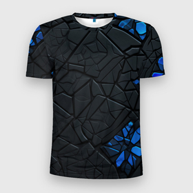 Мужская футболка 3D Slim с принтом Черные плиты с синими  вставками в Петрозаводске, 100% полиэстер с улучшенными характеристиками | приталенный силуэт, круглая горловина, широкие плечи, сужается к линии бедра | Тематика изображения на принте: 