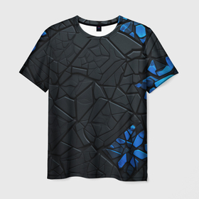Мужская футболка 3D с принтом Черные плиты с синими  вставками в Петрозаводске, 100% полиэфир | прямой крой, круглый вырез горловины, длина до линии бедер | 