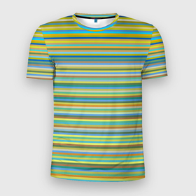 Мужская футболка 3D Slim с принтом горизонтальные разноцветные полосы в Санкт-Петербурге, 100% полиэстер с улучшенными характеристиками | приталенный силуэт, круглая горловина, широкие плечи, сужается к линии бедра | Тематика изображения на принте: 