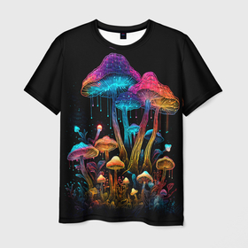 Мужская футболка 3D с принтом Разноцветные неоновые грибы в Курске, 100% полиэфир | прямой крой, круглый вырез горловины, длина до линии бедер | 