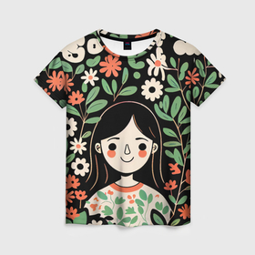 Женская футболка 3D с принтом Девочка в цветах   Бохо в Курске, 100% полиэфир ( синтетическое хлопкоподобное полотно) | прямой крой, круглый вырез горловины, длина до линии бедер | Тематика изображения на принте: 