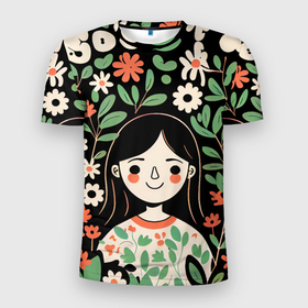 Мужская футболка 3D Slim с принтом Девочка в цветах   Бохо в Екатеринбурге, 100% полиэстер с улучшенными характеристиками | приталенный силуэт, круглая горловина, широкие плечи, сужается к линии бедра | 
