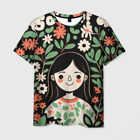 Мужская футболка 3D с принтом Девочка в цветах   Бохо в Курске, 100% полиэфир | прямой крой, круглый вырез горловины, длина до линии бедер | Тематика изображения на принте: 